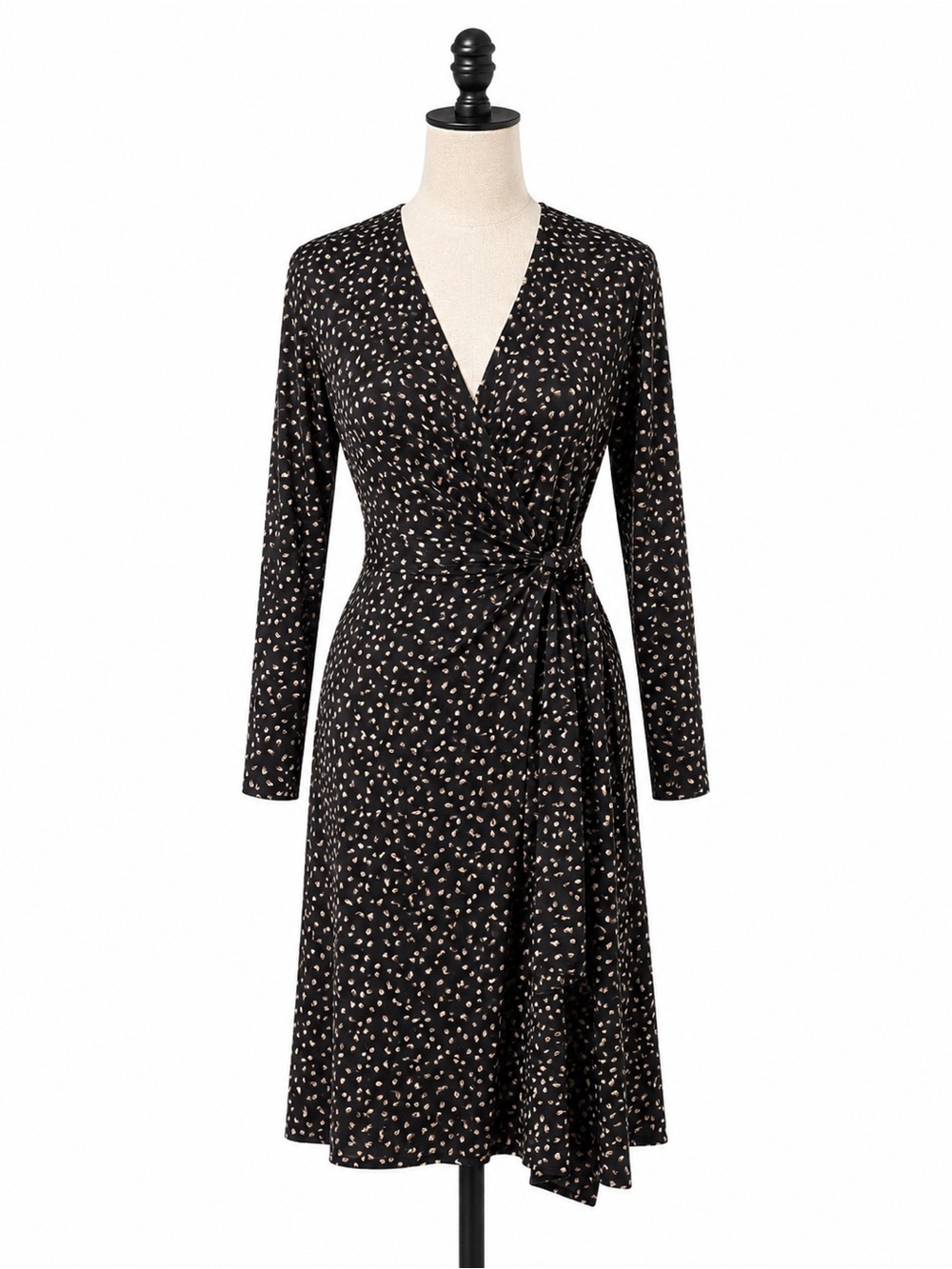 Robbie Bee Black Long-Sleeve Wrap Dress with Beige Spot Print